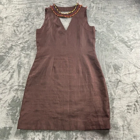 VTG Max Mara Sportmax Linen Dress Women M Beaded Neck Italy Resort Luxury Brown - Picture 7 of 14